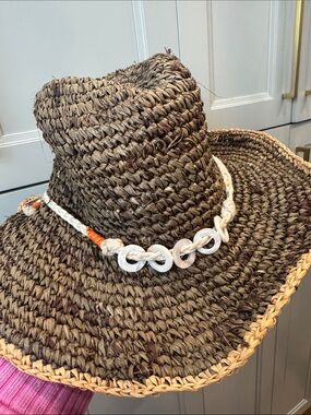 Michael Stars Woven Straw Sun Hat with Shell Detail - Brown & Cream